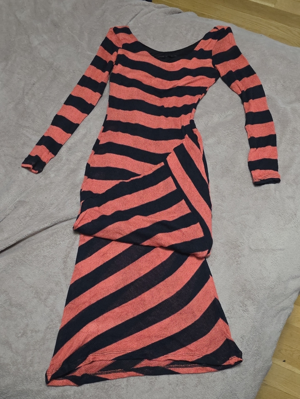 Striped Long-Sleeve Maxi Dress in Coral and Black